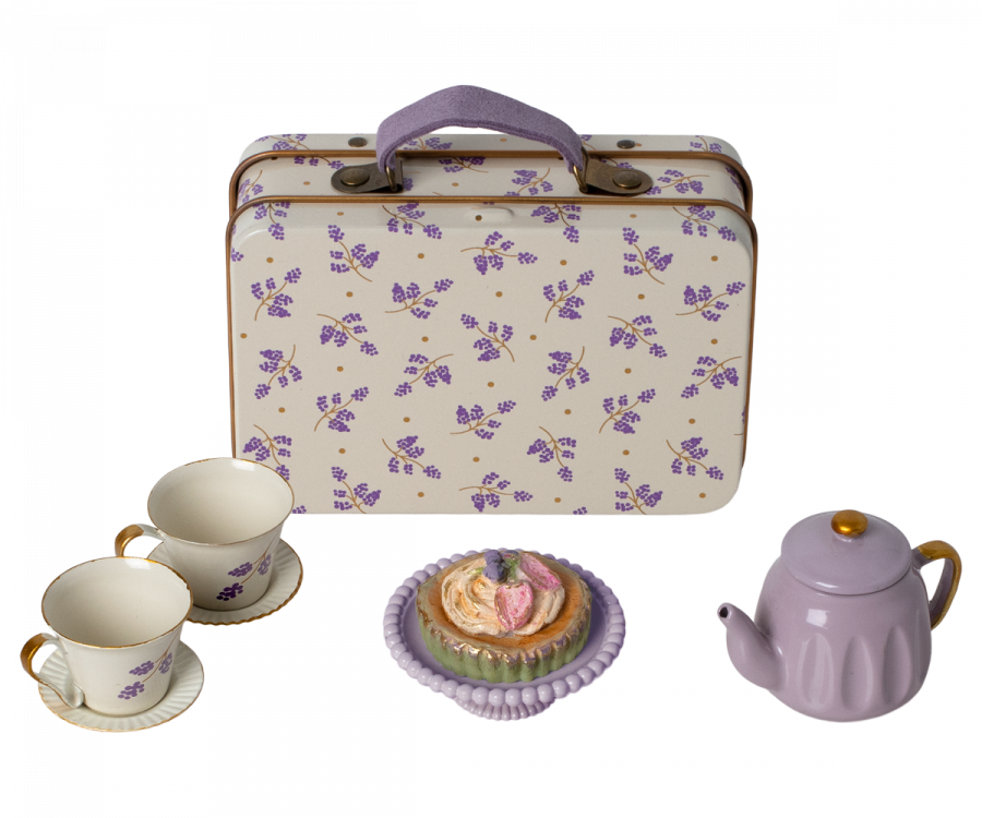 Maileg miniatur Koffer lila Tee und Tassen mit Kuchen