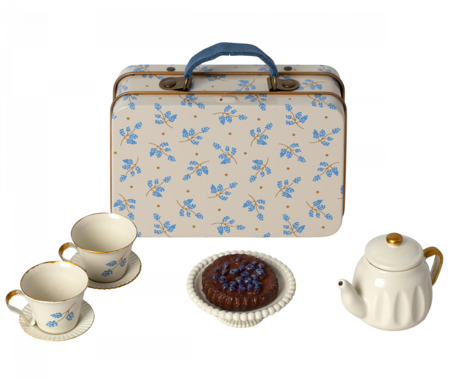 Maileg miniatur Koffer blau Tee und Tassen mit Kuchen